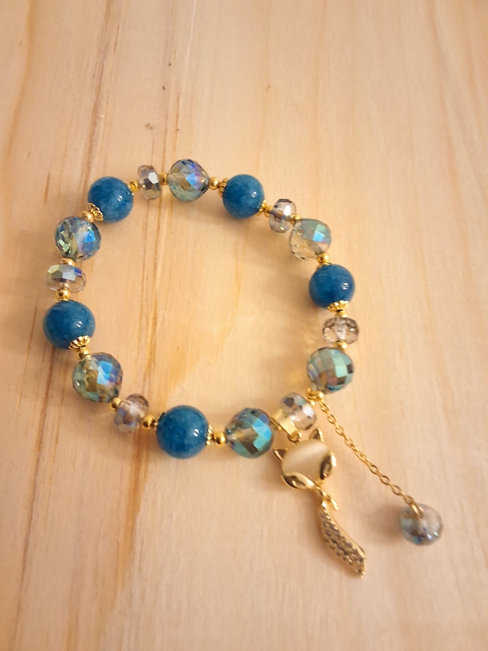 Gold Fox Charm Blue Beaded Stretch Bracelet